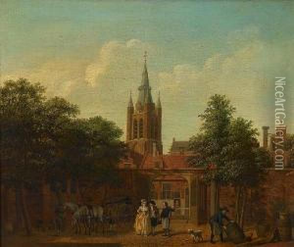 A Courtyard In Delft With The Oude Kerkbeyond Oil Painting - Isaak Ouwater