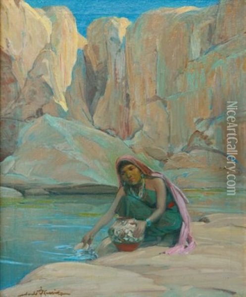 Acoma Water Carrier Oil Painting - Gerald Cassidy