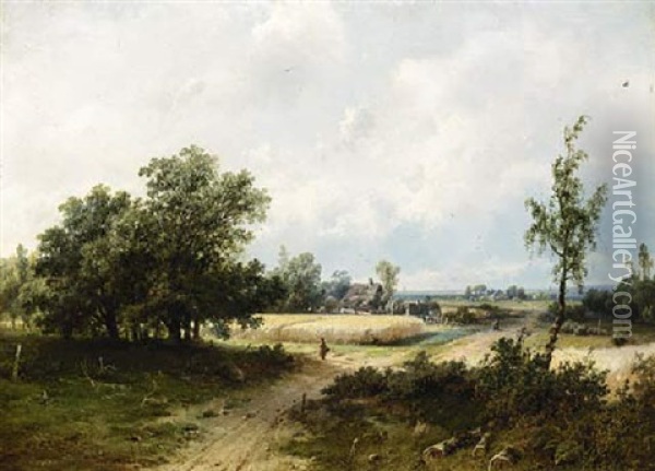 A Panoramic Landscape With Travellers On A Path Oil Painting - Pieter Lodewijk Francisco Kluyver
