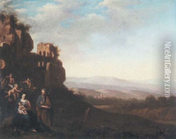 An Italianate Landscape With The Holy Family Before Ruins Oil Painting - Cornelis Van Poelenburgh