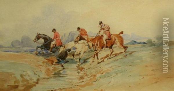 Chasse A Courre: Le Passage Du Ruisseau Oil Painting - Alfred De Dreux