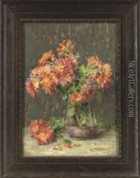 Variegated Dahlias In A Glass Vase, On A Table Oil Painting - Elizabeth Whitehead