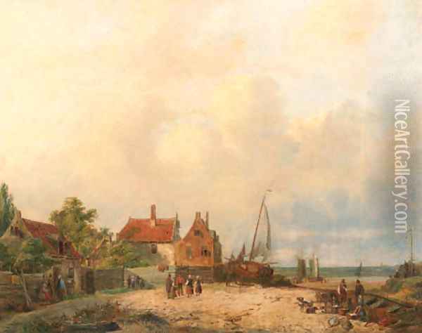 A fishing-village Oil Painting - Dutch School