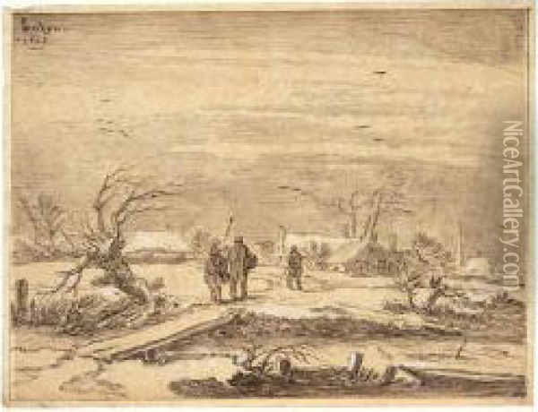 Winter Landscape, With Peasants On A Windswept Road, And A Village Behind Oil Painting - Pieter De Molijn