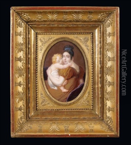 Portrait D'une Mere Tenant Son Enfant Dans Ses Bras Oil Painting - Louis Francois Aubry