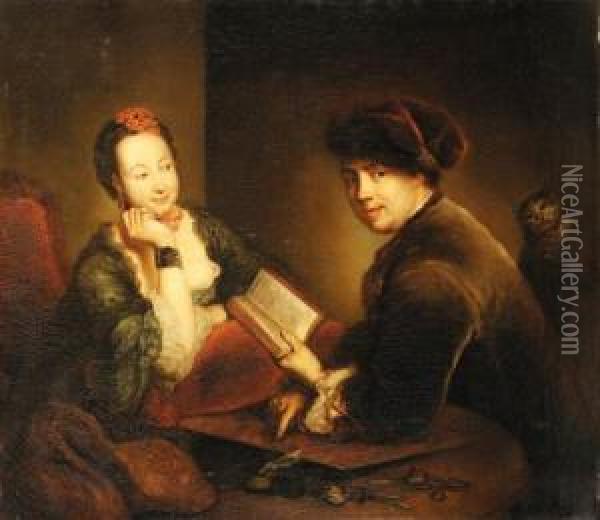 Rode, C.
Portrait Of A Lady And A Gentleman Seated At A Table In Aninterior Oil Painting - Christian Bernhard Rode
