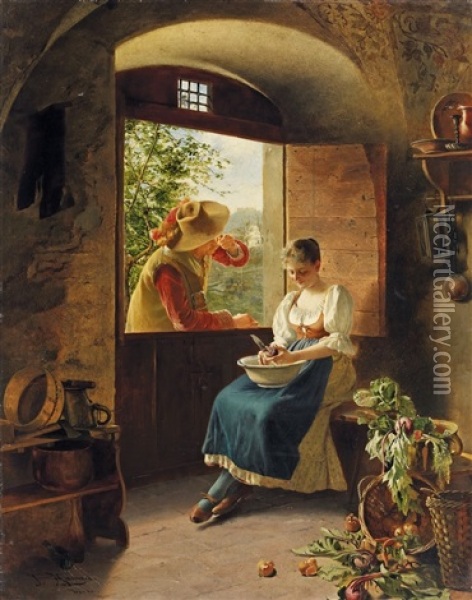 Das Stelldichein Am Kuchenfenster Oil Painting - Johann Hamza