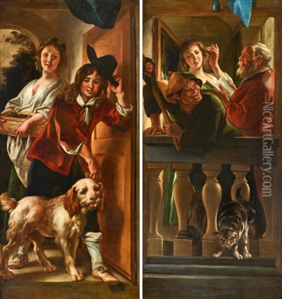 A Set Of Two Trompe L'oeil Wall Decorations: A Youth At A Doorway Doffing His Hat As He Enters With His Dog Followed By A Young Woman Carrying A Basket (i); And A Jester Making Fun At A Balcony, With A Young Woman Preening Herself As An Old Man Reads And  Oil Painting - Jacob Jordaens