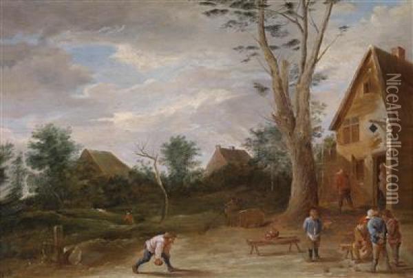 Peasants Playing Boules In Front Of An Inn Oil Painting - David The Younger Teniers