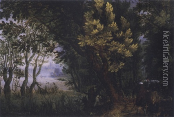Wooded Landscape With Figures Oil Painting - Gillis Van Coninxloo III