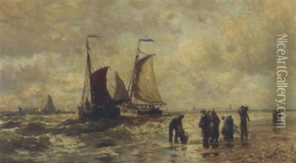 Fisherfolk On The Beach At Scheveningen Oil Painting - Henry Chase