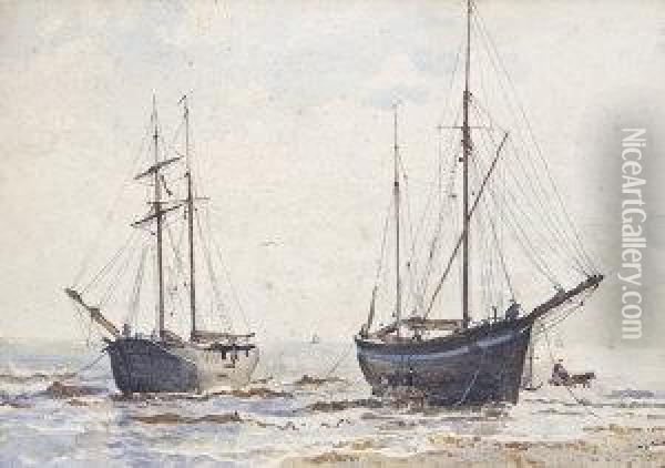 Colliers Brached On Bray Shore, Near Mouth Of River Oil Painting - Joseph Poole Addey