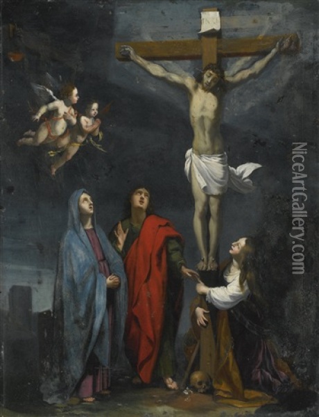 Christ On The Cross With Saint John And Mary Magdalene Oil Painting - Jacques Stella