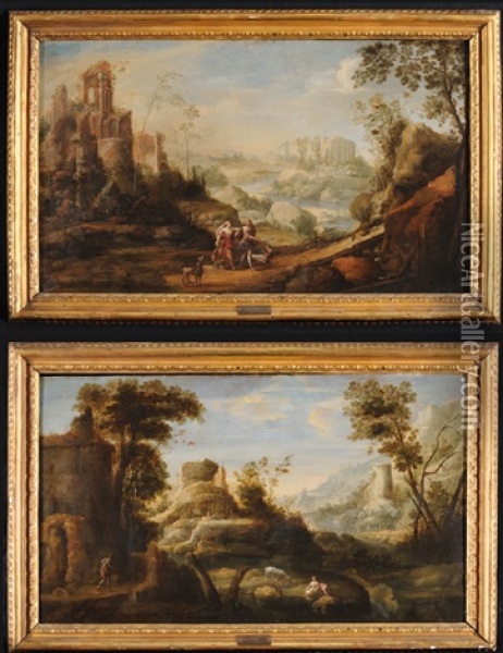 Paesaggio Con Rovine Classiche E Diana E Atteone (+ Paesaggio Con Rovine Classiche E Figure; Pair) Oil Painting - Petrus Van Hattich