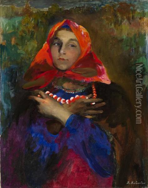 Russian Maiden In A Red Headscarf Oil Painting - Philippe Andreevitch Maliavine