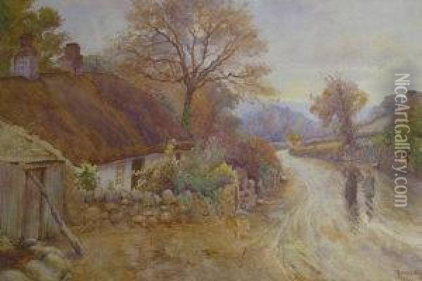 Rural Landscape With Figures In Lane By Thatched Cottage Oil Painting - Thomas Ellison