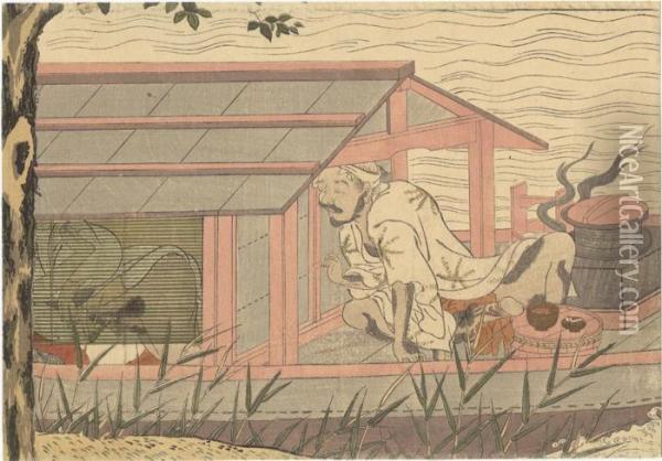The First Of A Boatman Spying On A Couple Oil Painting - Suzuki Harunobu