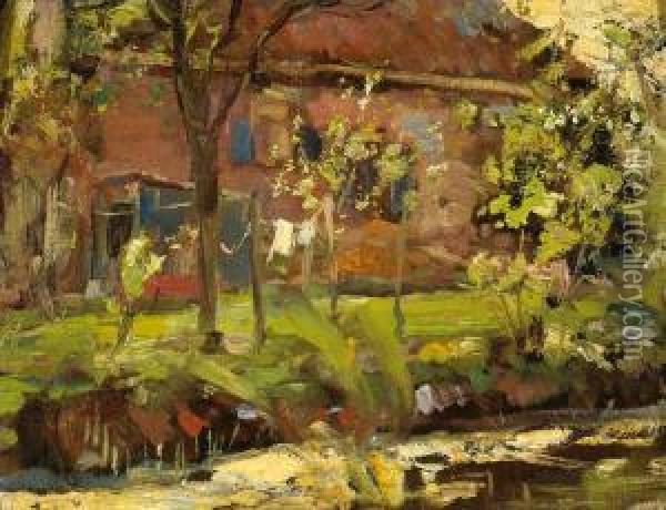 View Of A House By The Water Oil Painting - August Willem van Voorden