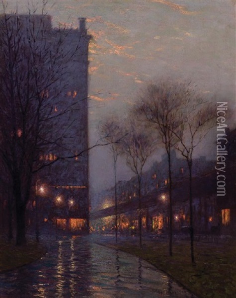 Bryant Park At Evening, New York Oil Painting - Lovell Birge Harrison
