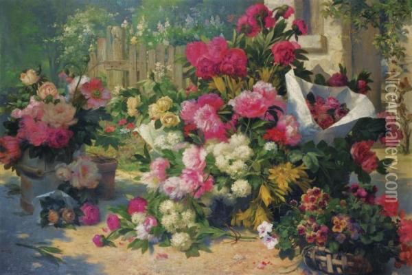 Paniers Et Pots De Fleurs Dans Un Jardin Oil Painting - Alfred Petit