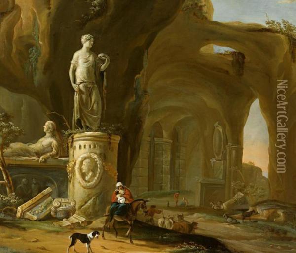 Blick In Eine Grotte Mit Verschiedenen Denkmalern Oil Painting - Abraham van Cuylenborch