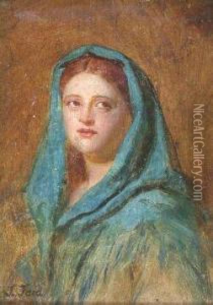 Study Of A Girl's Head With Blue Head Scarf Oil Painting - John Faed