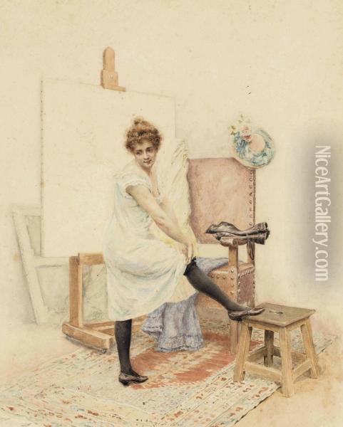 Modele Se Deshabillant Oil Painting - Gustave Bourgain