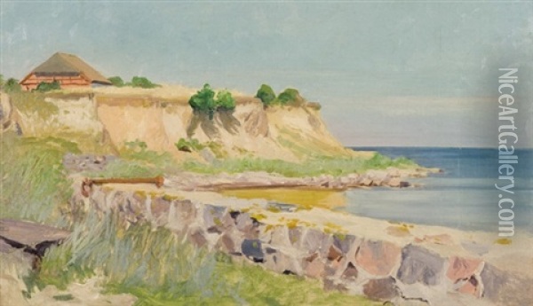Sea Bay With A Pink House Oil Painting - Michael Gorstkin-Wywiorski