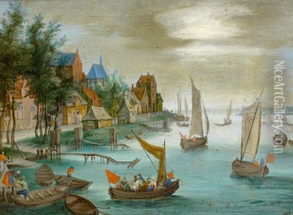 Figures Disembarking Boats Before A River Landscape Oil Painting - Jan Frans van Bredael the Elder