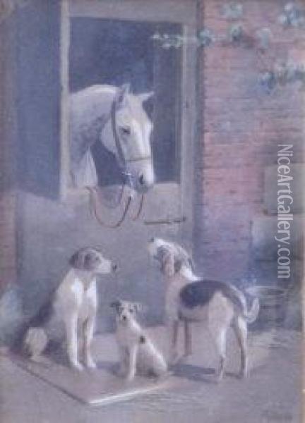 Hounds With A Horse In A Stable Oil Painting - Alfred Duke