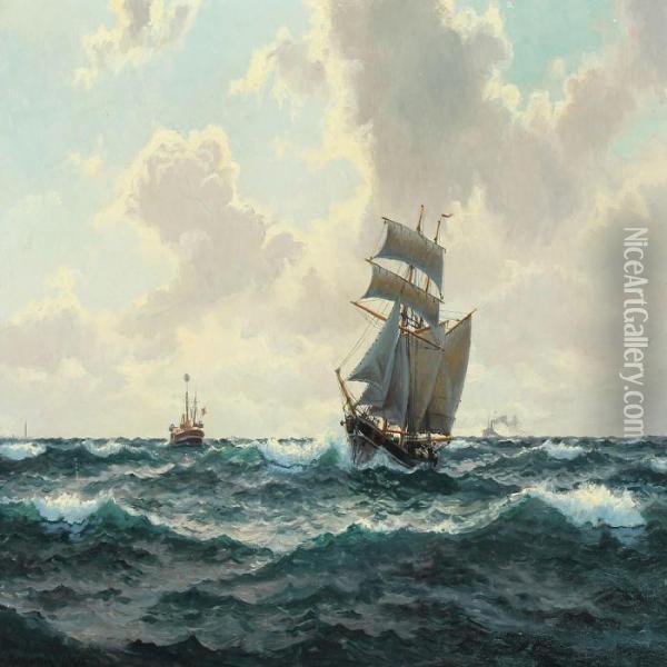 Ships At Sea By A Lightship Oil Painting - Christian Benjamin Olsen