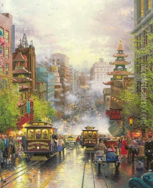 San Francisco, A View Down California Street from Oil Painting - Thomas Kinkade