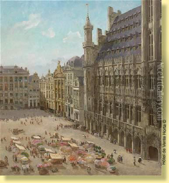 Marche Aux Fleurs A La Grand Place De Bruxelles Oil Painting - Amedee Ernest Lynen