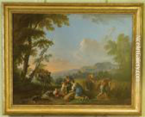 An Italianate Landscape With Peasants Taking In The Harvest Oil Painting - Jean-Baptiste Lallemand