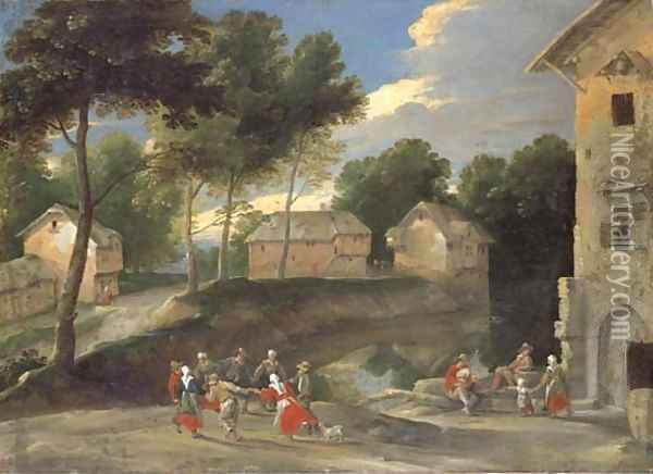 A village landscape with villagers dancing to the bagpipes Oil Painting - Jacques Fouquieres