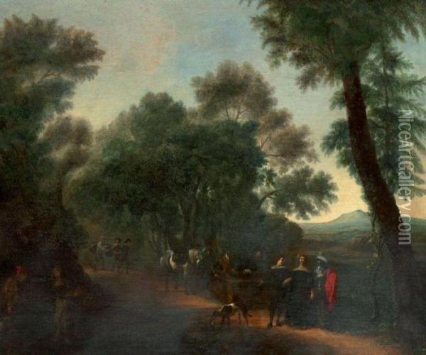 Courtisans Pres D'une Fontaine Dans Un Paysage Boise Oil Painting - Michelangelo Cerqouzzi