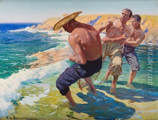 Fishermen On The Shore Oil Painting - Felix Michal Wygrzywalski