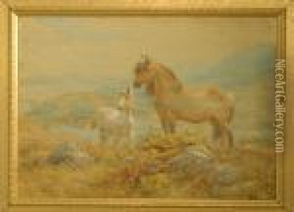 Ponies By Acoastal Estuary Oil Painting - Basil Bradley