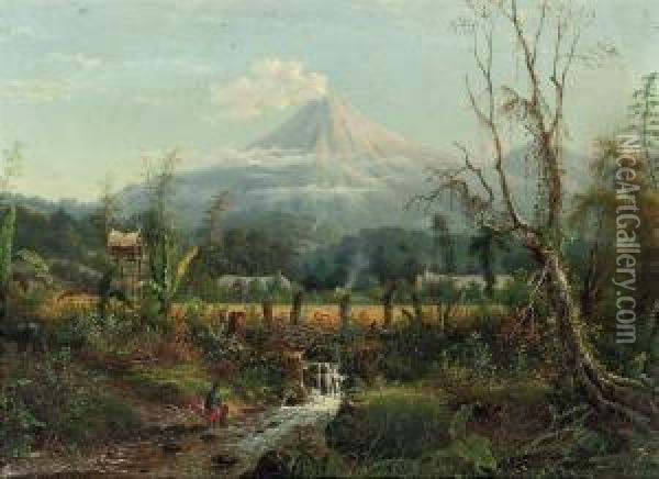 View Of A Kampong With Possibly The Smeroe In The Background Oil Painting - Maurits Van Den Kerkhoff