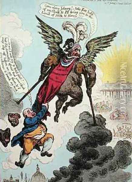Le Diable Boiteux or The Devil upon Two Sticks Conveying John Bull to the Land of Promise Oil Painting - James Gillray