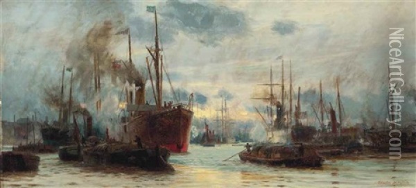 Congested Waters On The Thames Oil Painting - Charles William Wyllie