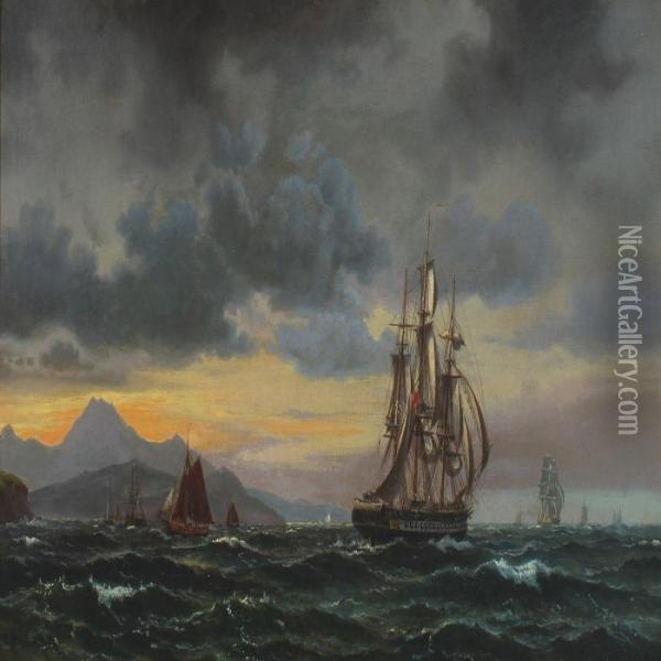 Seascape With Numerous Sailing Ships Near A Rockycoast Oil Painting - Vilhelm Melbye