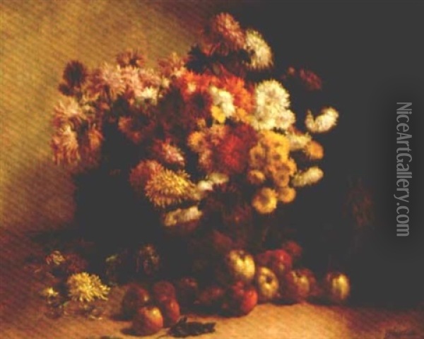 Vase De Fleurs Et Pommes Oil Painting - Julien Hippolyte Feron