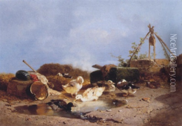 Enten Im Hof, Im Tumpel Badend Oil Painting - Theophile Victor Emile Lemmens