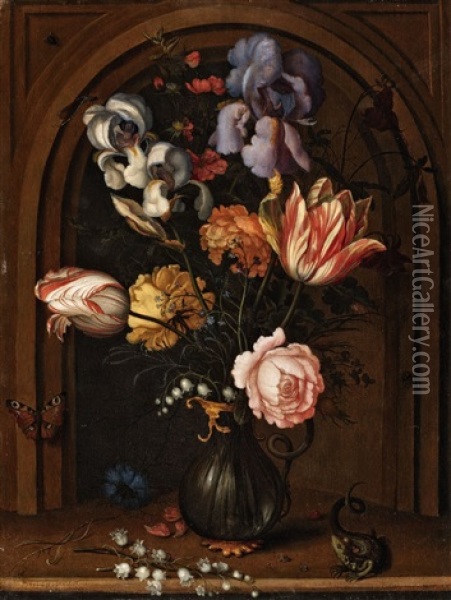 A Vase Of Flowers In A Niche With A Butterfly, Fly, Dragonfly And A Lizard Oil Painting - Balthasar Van Der Ast