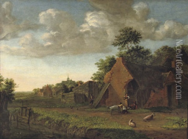 A Landscape With Figures And Livestock In A Farmyard Oil Painting - Emanuel Murant