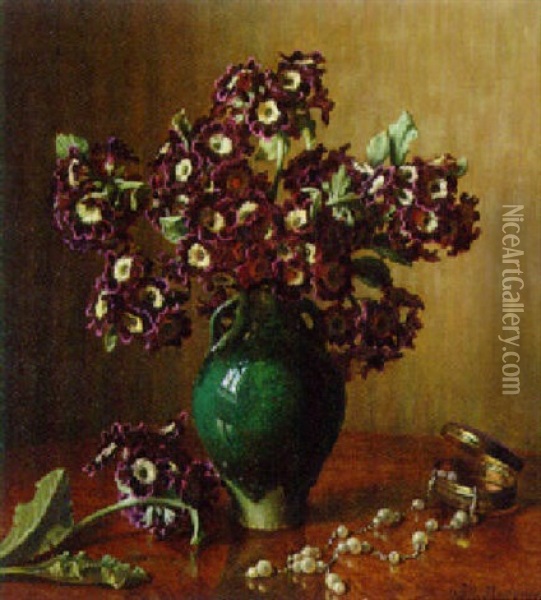 Sweet-williams In A Vase And A Pearl Necklace On A Table Oil Painting - Wilhelm Andersen