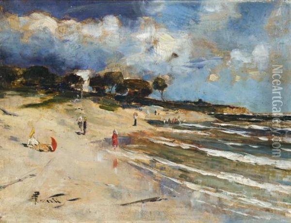 Beach Scene, Black Rock Oil Painting - Girolamo Pieri B. Nerli
