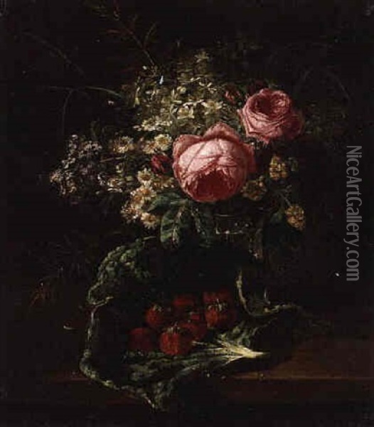A Still Life With Peonies, Wildflowers And Strawberries Oil Painting - Francois Joseph Huygens