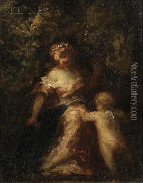 Woman With Cupid In A Woodland Clearing Oil Painting - Narcisse-Virgile D Az De La Pena